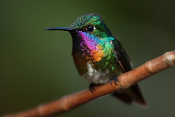 Fototapeta premium Close-up of a small and beautiful hummingbird sitting on a flower-filled branch in Trinidad and Tobago. AI Generative