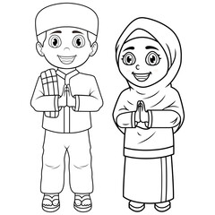 Illustration of Happy couple muslim kids cartoon line art