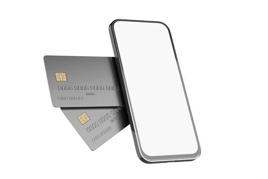 Mobile payment concept. White phone screen with bank card isolated. Plastic card for online payments. 3D visualization.