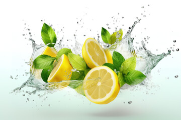 Obraz na płótnie Canvas Water splash on white background with lemon slices, mint leaves and ice cubes.