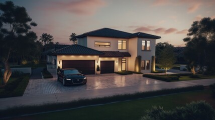 Modern large and spacious two-story house with white walls and a black roof, a spacious terrace and a garage. Spacious parking and car in front of the house. Generative AI