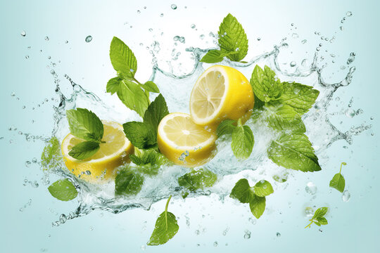 Water splash with lemon slices, mint leaves and ice cubes.