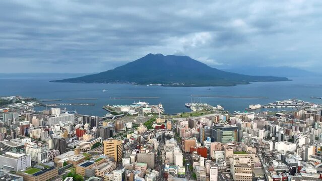 Aerial view of Kagoshima city in Japan, active volcano in Kagoshima city, Japanese landscape, Kagoshima bay in Japan