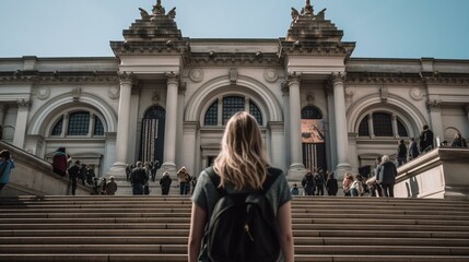 Obraz premium A girl from behind walking up the steps of the Metropolitan Museum of Art in New York City, with the iconic building and a bustling crowd visible in the background Generative AI