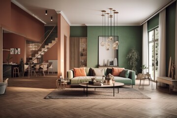 Fototapeta na wymiar Modern living room with comfortable sofa, pastel colored walls, large windows, stairs to the second floor. A combination of dusty pink and shades of green. Trendy color combination. Generative AI