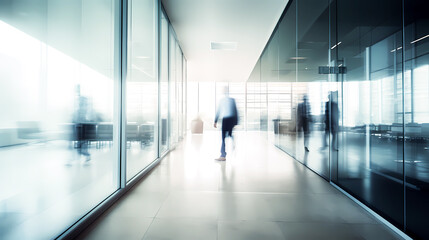 Modern company hallway interior design with business people walking. AI generated contemporary workplace with glass walls, agency or company headquarters with corporate people in blurred motion - obrazy, fototapety, plakaty