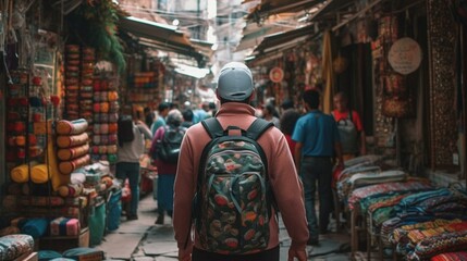 A man from behind walking through a colorful and chaotic street market in a foreign city, with a backpack on his back Generative AI