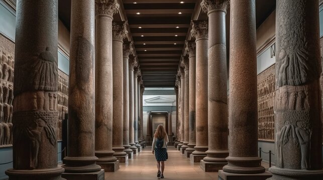 A girl from behind walking through the halls of the British Museum in London, with the towering pillars and impressive exhibits visible in the background Generative AI