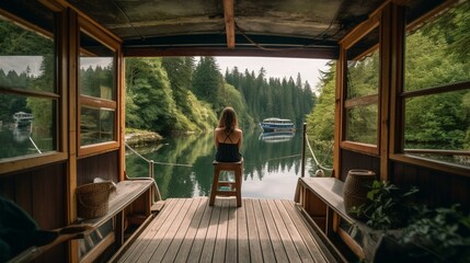A girl from behind lounging on the deck of a houseboat, with the calm waters of a tranquil lake and verdant forest surrounding her Generative AI