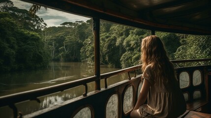 A girl from behind sitting on the deck of a riverboat, watching the lush greenery and wildlife along the riverbanks glide by Generative AI