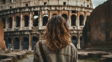 A girl from behind standing in front of a historic landmark, such as the Eiffel Tower or the Colosseum Generative AI