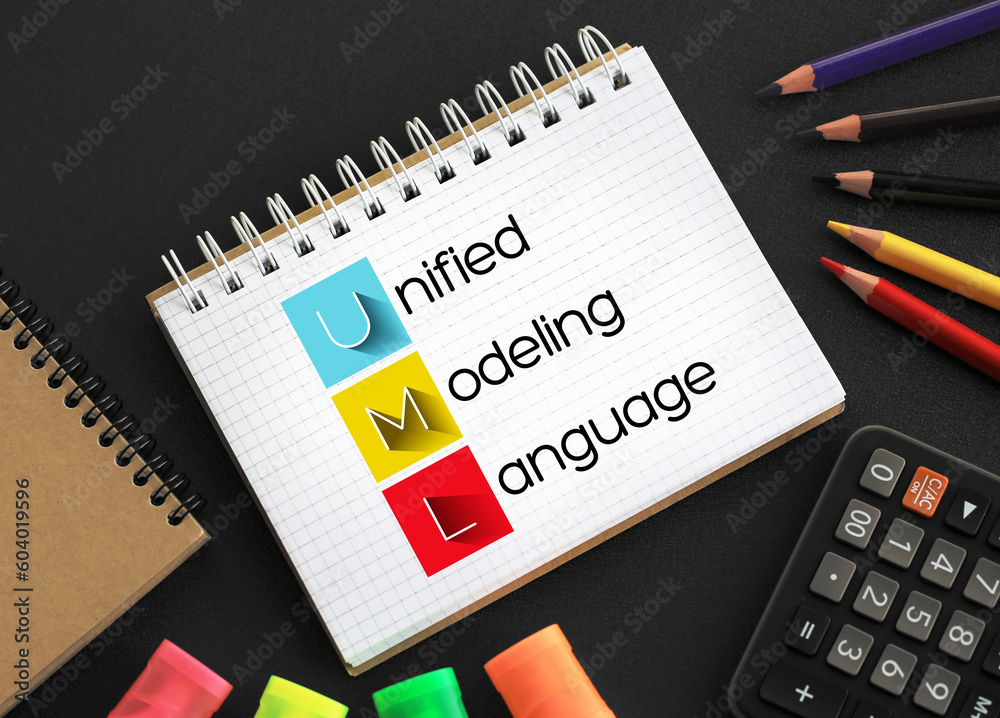 Poster uml - unified modeling language acronym on notepad, technology concept background
