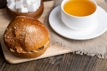 slices of bread with chocolate butter on the table