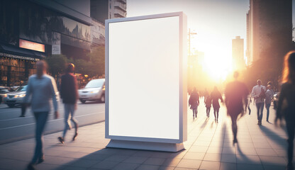 Vertical white empty LED billboard mockup in the city. AI generative advertising banner display in the street with crowd of people walking in blurred motion. Digital signage for ads and promotions
