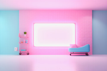 Vibrant Neon Pastel Interior: Clean and Retro with Blank Wall, Captivating 3D Render