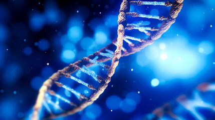 3d human DNA strand structure on blue background. DNA helix model. Human cell DNA spiral molecular structure for a scientific illustration. Ai generated design 