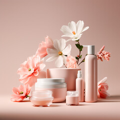 Obraz na płótnie Canvas Beauty products with pink flowers on a soft pink background. Cosmetic and skincare products