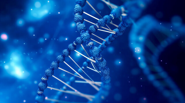 3d human DNA strand structure on blue background. DNA helix model. Human cell DNA spiral molecular structure for a scientific illustration. Ai generated design 