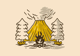 Vintage illustration of volcano, pine trees and bonfire