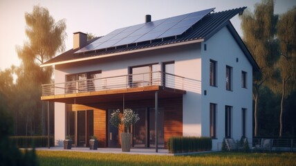 Modern two-story cottage with a spacious terrace and solar panels on the roof. Neat lawn in front of the house. Soft sunset light. The concept of smart home and alternative energy. Generative AI
