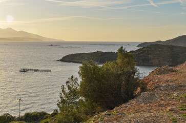 Fototapeta na wymiar scenic view of Pasas, Inousses and Chios Greek Islands in Aegean sea from Tuzla Bay (Karaburun, Izmir province, Turkiye)