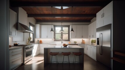 Fototapeta na wymiar Spacious modern American style white kitchen in a country house with a kitchen island and bar stools. Comfortable space, modern kitchen appliances. Generative AI