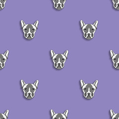seamless pattern with the image of a dog. blue purple background. Square image.