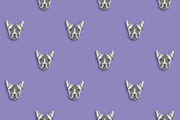 seamless pattern with the image of a dog. blue purple background. Horizontal image.