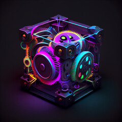 An illustration of a mesmerizing gear mechanism with vibrant neon illumination, showcasing the intricate interplay of mechanical precision and futuristic aesthetics, generative ai