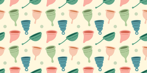 Menstrual periods seamless pattern tampon, pads, menstrual cup. Female regular menstrual cycle concept.