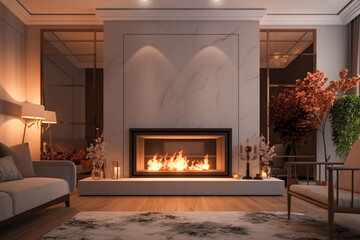 Modern interior design of the living room with fireplace. Super photo realistic background, generative ai illustration	