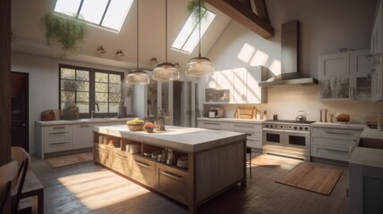 Spacious modern American style white kitchen in a country house with a kitchen island and bar stools. Comfortable space, modern kitchen appliances. Generative AI