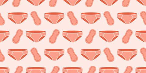 Menstrual periods seamless pattern tampon, pads, menstrual cup. Female regular menstrual cycle concept.