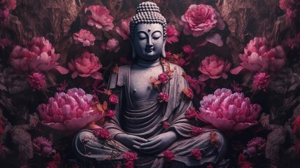 Buddha statue with lotus flower background.Generative Ai