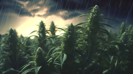 Medical Cannabis CBD culture - Legal Marijuana field - cannabis field - Storm - Dark atmosphere - Generative AI