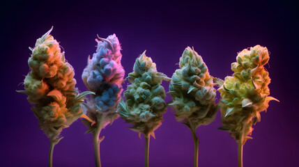Cannabis plants - Legal Marijuana Plant - Smoking weed - Purple background - Cannabis culture - many buds cannabis - Generative AI - obrazy, fototapety, plakaty