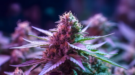 Medical Cannabis CBD bud close up - Indoor Marijuana culture - Smoking weed - Purple atmosphere - Generative AI