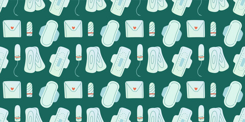 Menstrual periods seamless pattern tampon, pads, menstrual cup. Female regular menstrual cycle concept.