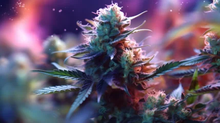 Fotobehang Cannabis plant - Legal Marijuana Plant - Smoking weed -  Purple background - Cannabis culture - Generative AI © SapinTitan