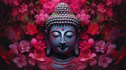 Zelfklevend Fotobehang Buddha statue with lotus flower background.Generative Ai © Rudsaphon