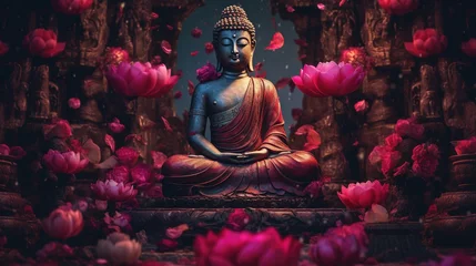 Tuinposter Buddha statue with lotus flower background.Generative Ai © Rudsaphon