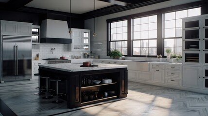 Fototapeta premium Interior of a spacious modern American style kitchen in black and white in a country house with a kitchen island and bar stools. Comfortable space, modern kitchen appliances. Generative AI