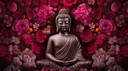 Buddha statue with lotus flower background.Generative Ai