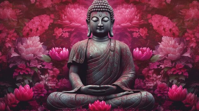Buddha statue with lotus flower background.Generative Ai