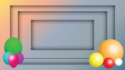 Sky pastel gradient glow shadow layers with 3D balls and balloon. Deep glow rectangles of paper cut outs with rainbow balls and balloons.