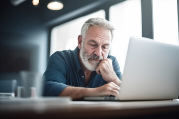 Senior man or manager sitting at computer laptop reading or thinking - manager topic, computer problems, making decision - Generative AI.