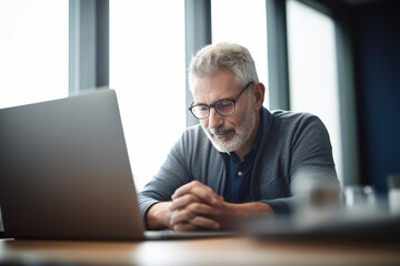 Senior man or manager sitting at computer laptop reading or thinking - manager topic, computer problems, making decision - Generative AI.