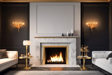 Modern interior design of the living room with fireplace. Super photo realistic background, generative ai illustration	