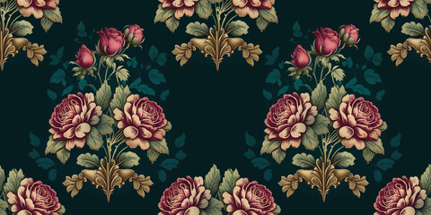 Elegant floral seamless pattern. Luxury background with roses, bouquet, pink flowers, leaves, gold decorative elements. Fashionable print wallpapers. Illustration created with generative AI tools