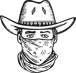 Cowboy man in a hat and balaclava mask vector illustration, SVG